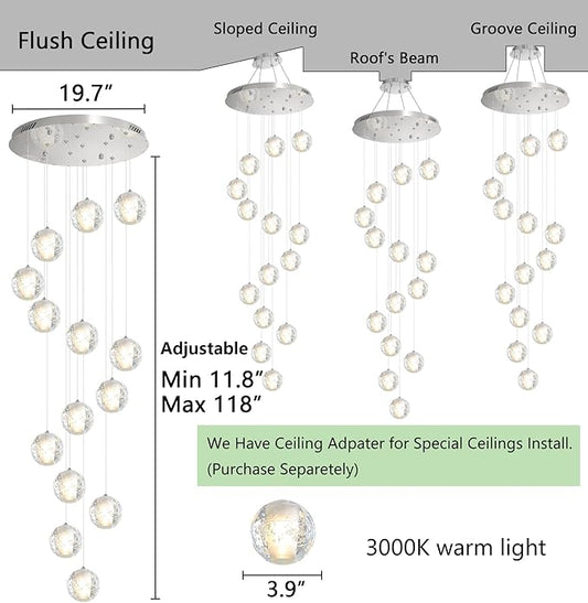 HAIXIANG 14-Lights Modern Chandelier Bubble Crystal 118" Long Lights for Living Room Entrance Foyer Sloped High Ceiling Spiral Pendant Lighting Warm Ligh Bulbs Silver Lights