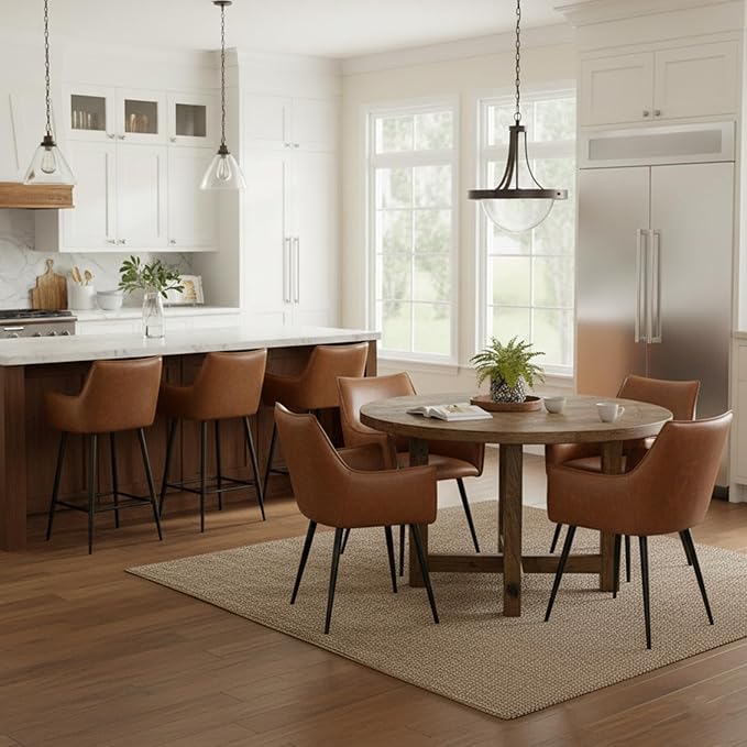 Brown Leather Counter Stools Set o f 2, Mid Century Modern Upholstered Kitchen Chairs with Arms and Black Metal Legs 26” Height Stools with Back for Dining Room Home Pub Faux Leather in Brown