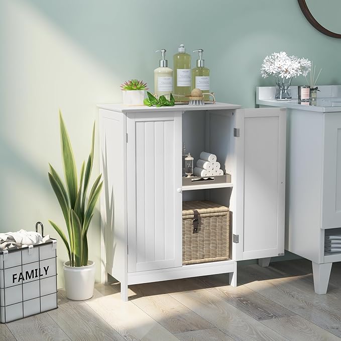 LDAILY LUARANE Bathroom Floor Cabinet, Wooden Floor Storage Cabinet with Double Doors, Simple Double Storage Cabinet, Suitable for Kitchen, Bathroom, 23.5 x 14 x 34 inches (White)