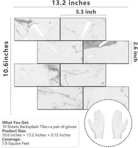 STICKGOO Subway Tile Peel and Stick Backsplash, Glossy White Marble PVC Self Adhesive Tile Backsplash, Stick on Tile for Kitchen and Bathroom(10 Sheets)