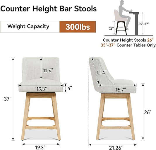 Counter Height Bar Stools Set of 2, Modern Swivel Barstools with Back and Wood Legs, Linen Fabric Upholstered Counter Height Stools, 26" H Kitchen Island Stools, Home Bar, Pub, Ivory
