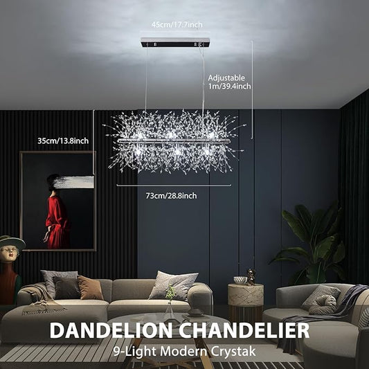 Modern Crystal Chandeliers Firework, 9-Light Chrome Rectangle Linear Dandelion Dining Room Chandelier, Mid Century Sputnik Firework Ceiling Light Fixture for Living Room Kitchen Island Store (L 28.8")