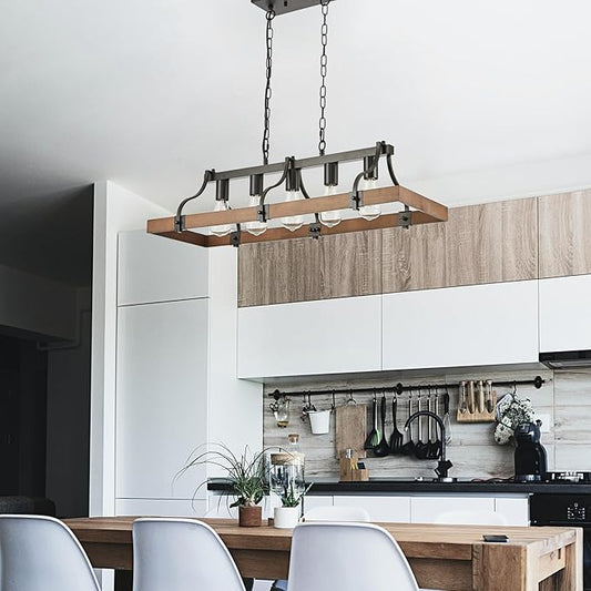 Farmhouse Chandeliers for Dining Room, 5-Light Rustic Kitchen Island Light Fixture, Wood Linear Industrial Black Rectangular Ceiling