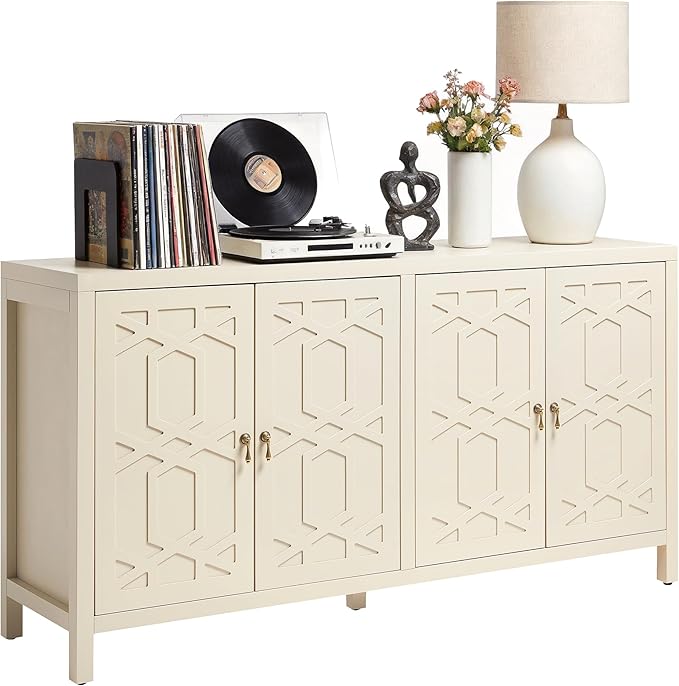 RoyalCraft Buffet Cabinet with Storage, 60" W Modern Coffee Bar Sideboard with 4 Doors & Adjustable Shelves, Painted Wooden Credenza for Dining Room, Kitchen, Living Room, Entryway, Beige