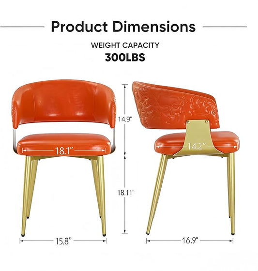 Atoll Modern Accent Dining Chairs Set of 2 with Upholstered PU Leather Seat & Curved Back, Metal Legs, Mid-Century Kitchen Chair for Dining Room, Living Room or Office (2, Orange)