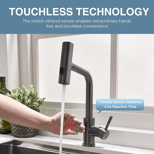 GIMILI Black Stainless Touchless Kitchen Faucet with Pull Down Sprayer, 15” Hight Single Hole Handle Kitchen Sink Faucets