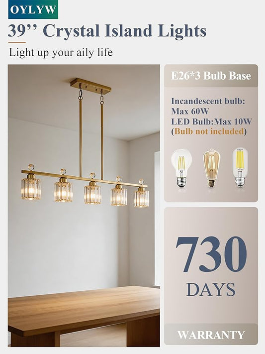 Modern Dining Room Light Fixture Over Table, Crystal Pendant Lights Kitchen Island, Chandeliers for Dining Room Kitchen Light Fixtures (E26) 5-Light Gold