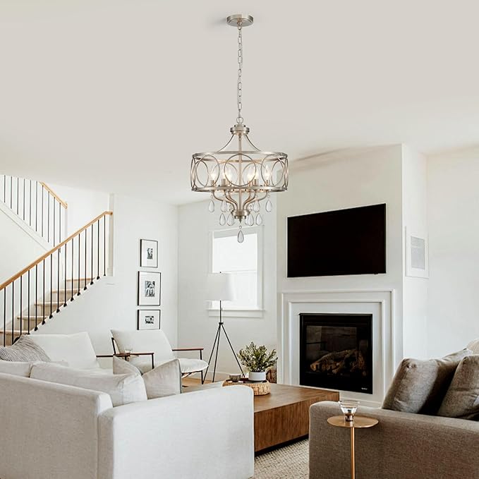 Crystal Chandeliers for Dining Room,17.7" Brushed Nickel 6 Lights Hanging Pendant Lighting Fixture Metal Farmhouse Chandelier for Kitchen Island Entryway Living Room