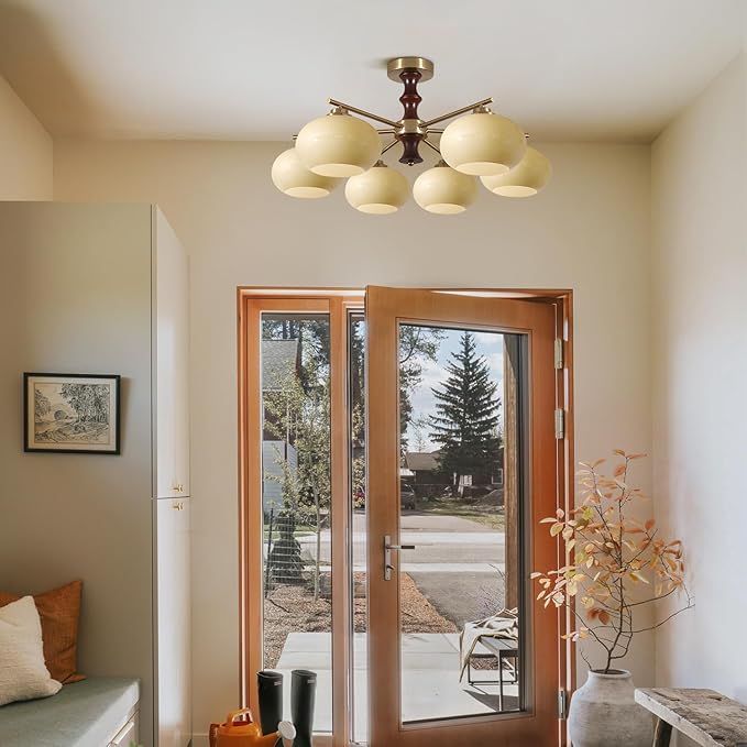 KCO Lighting Vintage Ceiling Mount Chandelier Mid Century Modern Entryway Ceiling Light Yellow Glass Globe Ceiling Light Fixture 6 Light Sputnik Gold Chandelier