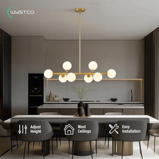 Mid Century Modern Globe Sputnik Chandelier, 8-Light Linear Chandeliers for Dining Room and Kitchen Island, Dining Light Fixture Over Table, Brass Gold and Milk White Glass Bubble, 32 Inch