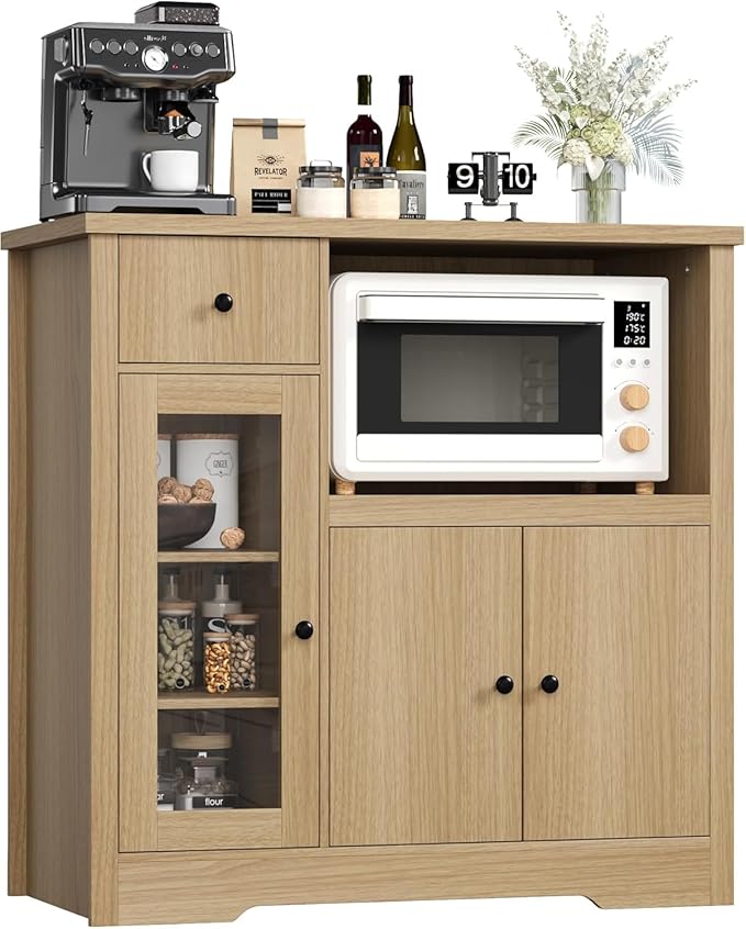 Storage Cabinet with Adjustable Shelves & Microwave Stand, Buffet Sideboard with Drawer, Single and Double Doors for Kitchen, Dining Room, Natural