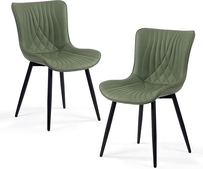 Kidol & Shellder Dining Chairs Set of 2, Mid Century Modern Kitchen Chairs with Black Metel Legs, PU Leather Upholstered Side Chair for Dining Room, Living Room, Lounge, Restaurant, Bean Green