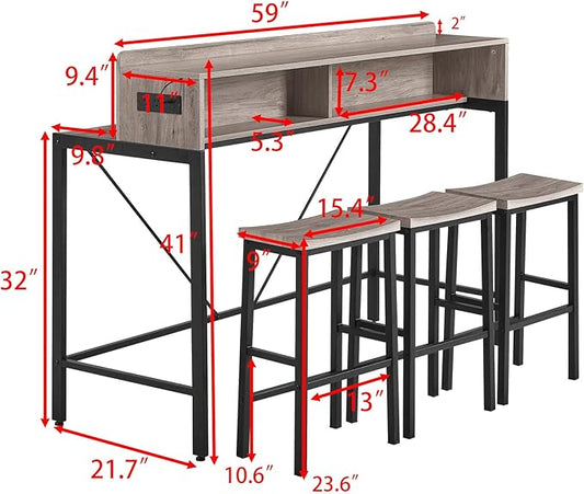 59" Bar Height Table and Chairs Set – Farmhouse Style Bar Table with 3 Saddle Stools, Perfect as Kitchen Table, Small Dining Table with Chairs, or Kitchen Island Seating Solution (Grey)