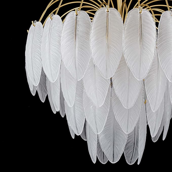 LumFurn 8-Light Gold Chandeliers, 4-Tier Modern Pendant Light Fixture for Dining Room, Living Room, D21 x H24~54" Adjustable Height, Frosted Feather-Shaped Glass Shade & Brass Finish Frame