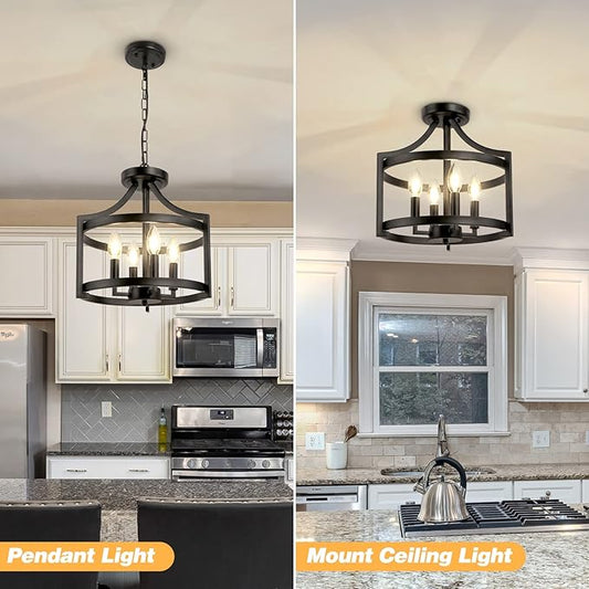 LynPon Black Farmhouse Chandelier 4 Lights, Modern Hanging Pendant Light Convertible Semi Flush Mount Ceiling Light Rustic Metal Round Cage Chandeliers for Dining Room Entryway Foyer Kitchen