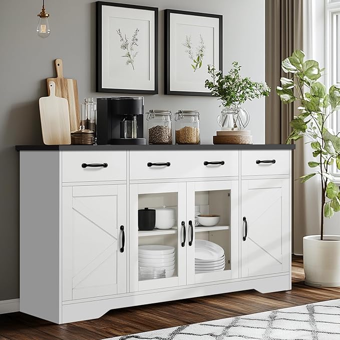 Likein Sideboard Buffet Cabinet with Storage - 55" Kitchen Storage Display Cabinet with 4 Drawers and Glass Doors, 15.8" D Farmhouse Wood Buffet Table Coffee Bar Cabinets for Entryway Living Room