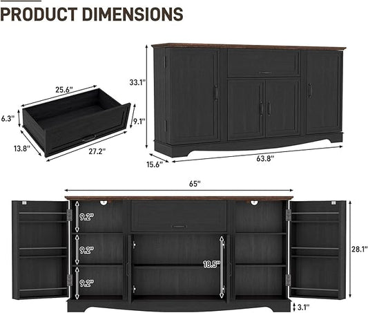 65" Sideboard Buffet Cabinet with Storage, Farmhouse Kitchen Pantries Sideboard Cabinets with Drawer, Wood Coffee Bar Cabinet with Adjustable Shelves, Storage Cabinets for Kitchen, Black