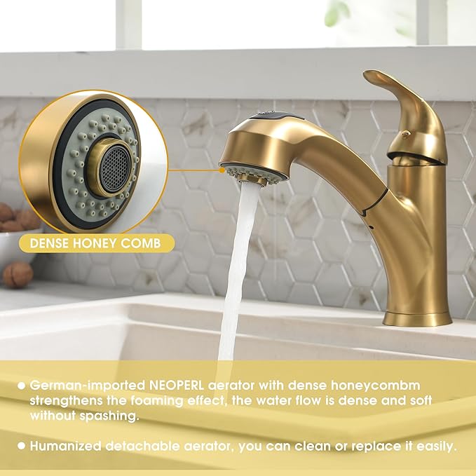 Gold Kitchen Faucet with Sprayer - Matte Brushed Gold Kitchen Sink Faucets with Pull Out Sprayer, Single Handle 1 Hole Faucet Solid Brass Commercial RV Faucets 2 Modes 150°Rotation No Lead