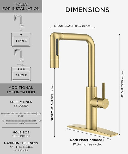 FORIOUS Gold Waterfall Kitchen Faucet with Pull Down Sprayer, 5 Spout Mode Stainless Steel Single Handle 360ยฐ Swivel Classic Kitchen Sink Faucet with Deck Plate for 1 or 3 Hole for Bar Rv