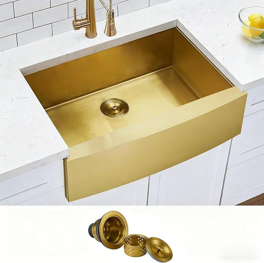 Hotis Gold Farmhouse Sink, 33 Inch Stainless Steel Farmhouse Kitchen Sinks, Single Bowl Burshed Gold Apron Front Farm Sinks, Brass Undermount Sink With Accessories