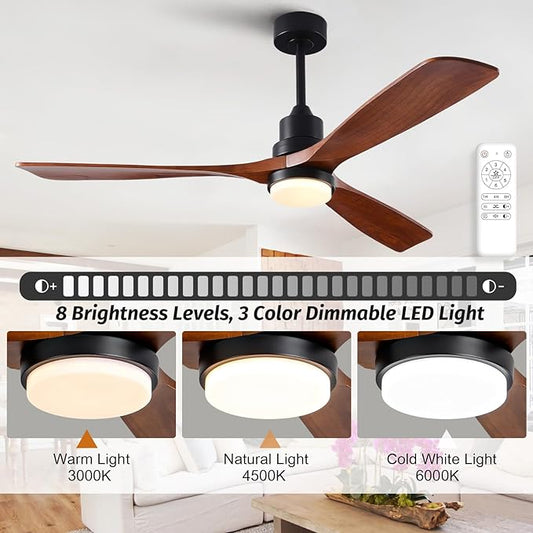60 Inch Ceiling Fans with Lights and Remote, Quiet Reversible DC Motor and 3 Color Dimmable Light, 3 Blades 6 Speed Wood Ceiling Fan for Farmhouse Living Room Bedroom Dining Room Workroom Study