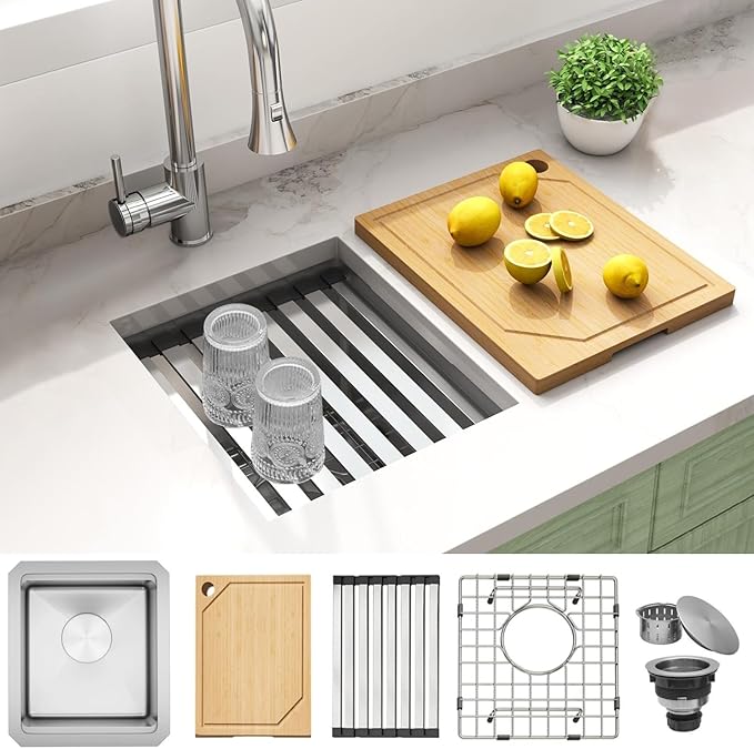 Bar Sink Undermount 13 X 15 inch,16 Gauge Stainless Steel Bar Sink,Outdoor Small RV Sinks,Wet Bar Prep Sink with Workstatin (13" X 15")
