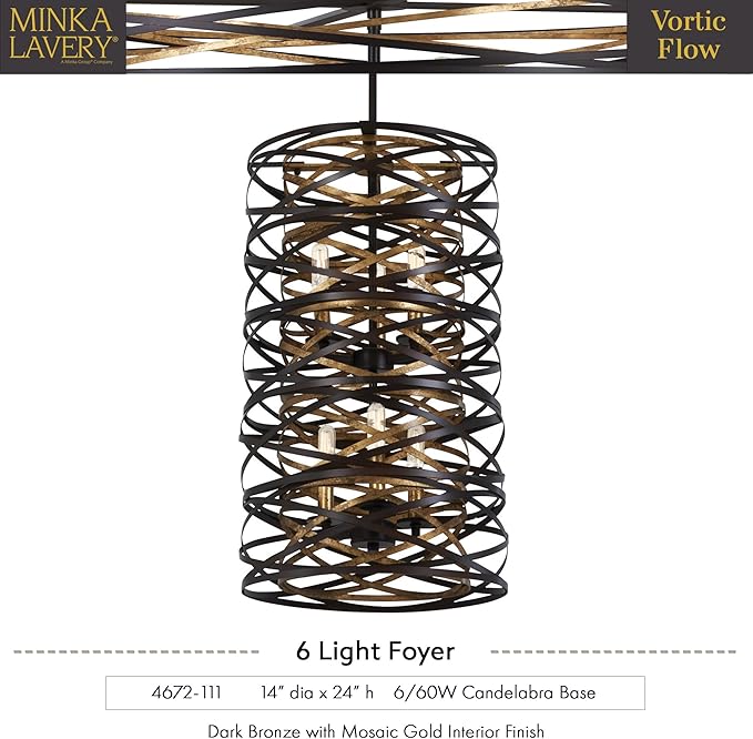 Minka Lavery 4672-111 Vortic Flow Pendant, 6-Light, 360 Total Watts, 14-in H x 24-in W, Dark Bronze with Mosaic Gold Interior