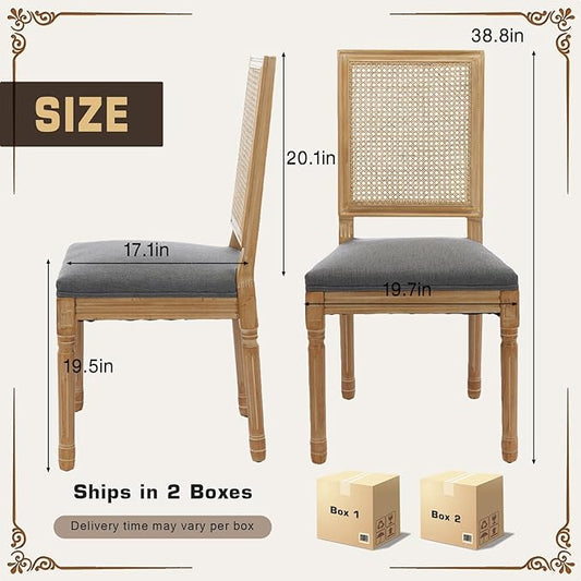 SoarFlash French Dining Chairs Set of 4, Vintage Dining Chairs with Rattan Backrest, Wooden Framehouse Chairs for Living Room, Kitchen, Restaurant, Grey
