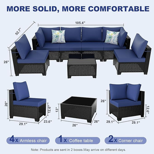 Outdoor Wicker Patio Furniture Set, Rattan Sectional Sofa Set with Thick Cushions (Coffee/Blue, 7 Piece Sofa Set)