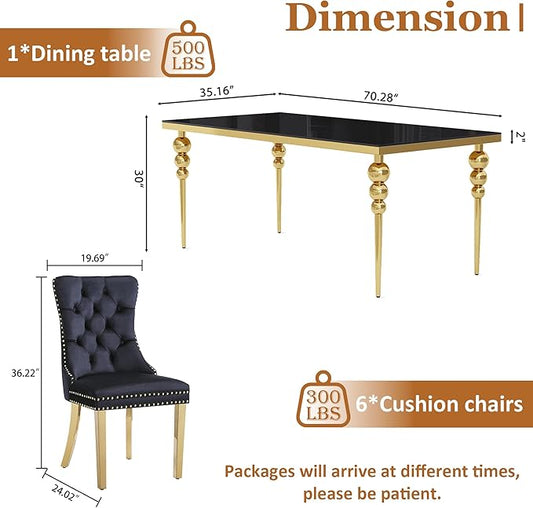 7 Piece Glass Dining Table Set, Modern 70 Inch Gold Rectangular Glass Kitchen Table, 6 Beige Exquisite Velvet Cushion Chairs for Living Room, Restaurant (Black-Top)