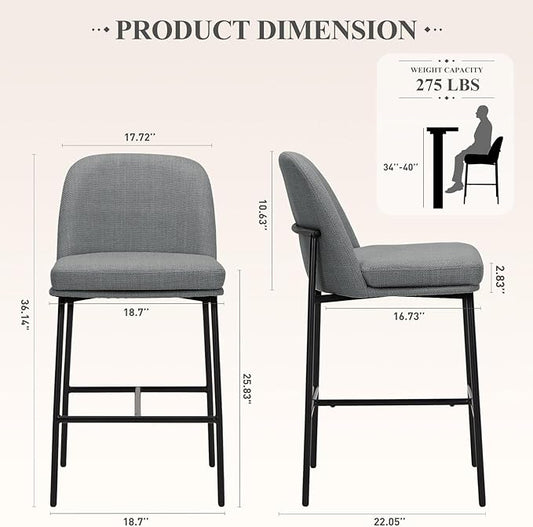 COLAMY Counter Height Bar Stools Set of 2, 25 Inch Modern Fabric Kitchen Island Stools with Back, Upholstered Counter Barstools Armless Bar Chairs with Metal Legs for Island Dining Room Bar,Dark Grey