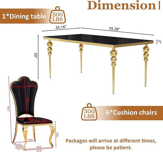 Luxurious 7 Piece Dining Table Set, 70 Inch Black Glass Kitchen Table and 6 Black Petal Back Chairs with Gold Stainless Steel Legs, for Dining Room, Living Room, Restaurant