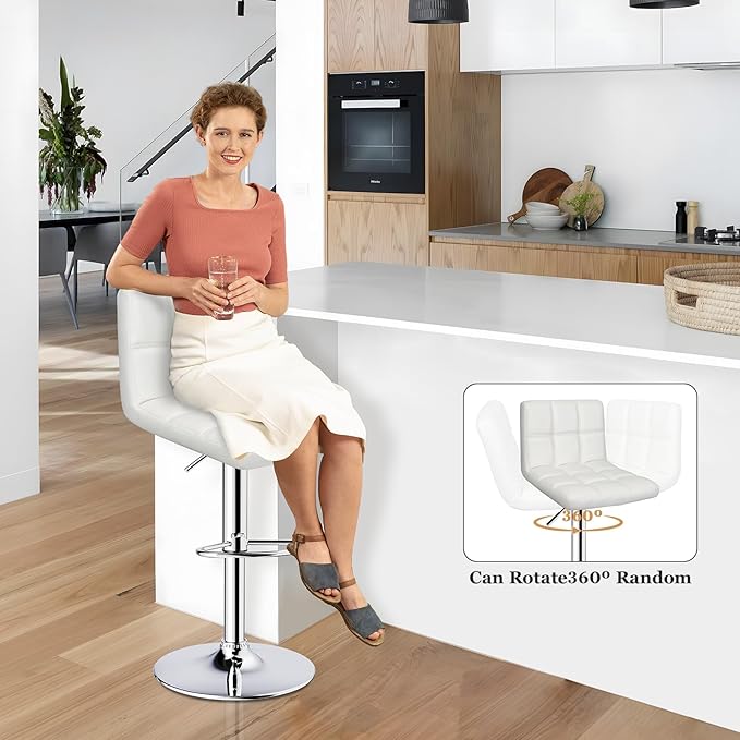 ERGOSEAT Bar Stools Set of 2,Armless Adjustable Swivel Barstools with Back,6-Squares Double Needle PU Leather Counter Height Bar Stools for Kitchen Island,White