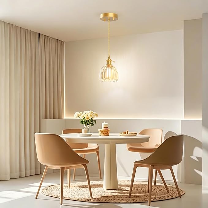 Ralbay 3 Pack Pendant Lights with Amber Tulip Glass Lampshade, Mini Pendant Light Fixture with Switch, Adjustable Vintage Brass Hanging Light for Kitchen Island Bedroom Dining Room Hallway