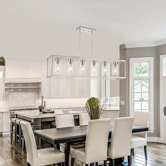 6 Light Brushed Nickel Dining Room Light Fixture Modern Farmhouse Chandelier Linear Hanging Pendant Lighting Rectangle for Kitchen Living Room Adjustable Height with Glass Shade