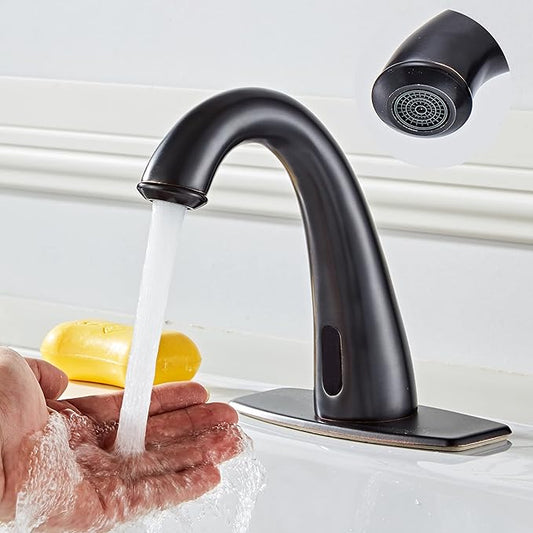 Automatic Touchless Bathroom Faucet Motion Sensor Activated Commercial Basin Sink Vantiy Hands Free Auto Off Infrared Mixer with Hole Cover Deck Plate Temperature Control Hot Cold Matte Black
