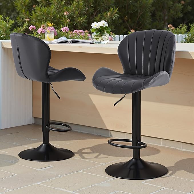 Sweetcrispy Bar Stools Set of 2, Modern Swivel Bar Chairs, Adjustable Fabric Upholstered Barstools Counter Height with Backrest for Bar, Kitchen Island, Dining Room, Black