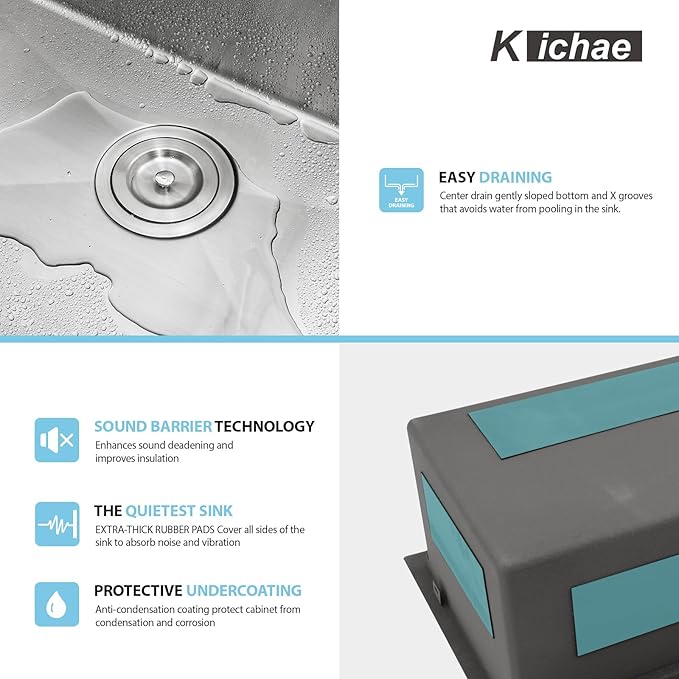 Kichae Drop In Kitchen Sink Waterfall - 33x22 Drop Sink Stainless Steel 16 Gauge Luxury Ledge Workstation Deep Single Bowl Topmount Overmount Sinks Splash Guard Design Handmade Basin