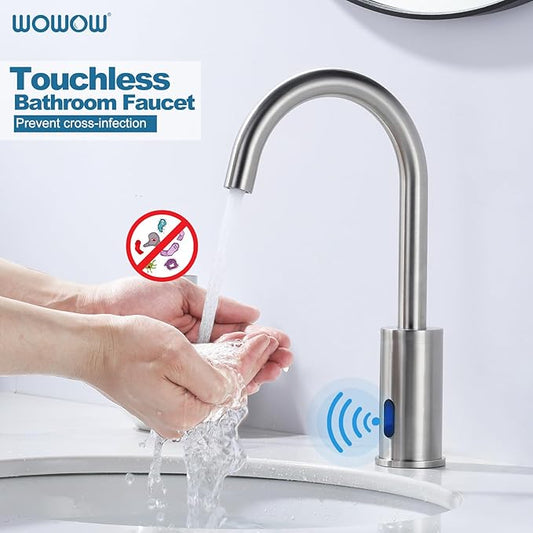 Automatic Touchless Bathroom Sink Faucet, WOWOW Motion Automatic Sensor Bathroom Faucet with Deck Plate, 1 or 3 Holes Motion Sensor Vanity Tap Hands Free Temperature Mixer, Brushed Nickel