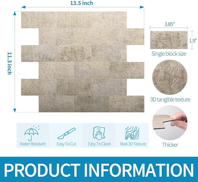 Art3d 10-Pack Peel and Stick Wall Tile for Backsplash, Stick on Stone Tile for Kitchen Bathroom Fireplace Vanitity in Stone Beige