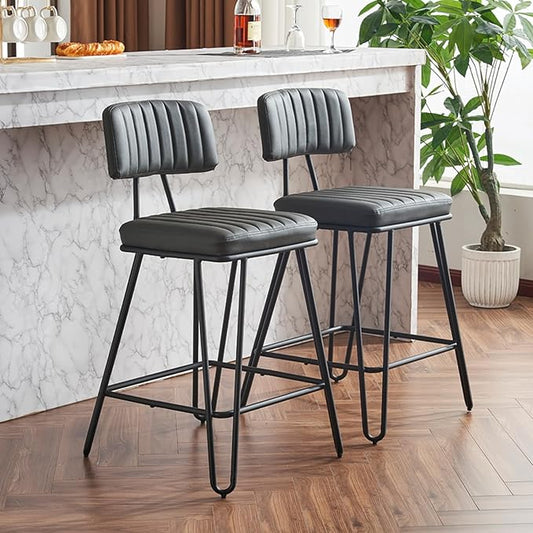 Industrial Stools Set of 2 Fabric+Metal Grey Vintage Industrial Design Kitchen Island & Dining Room Seating Durable & Comfortable