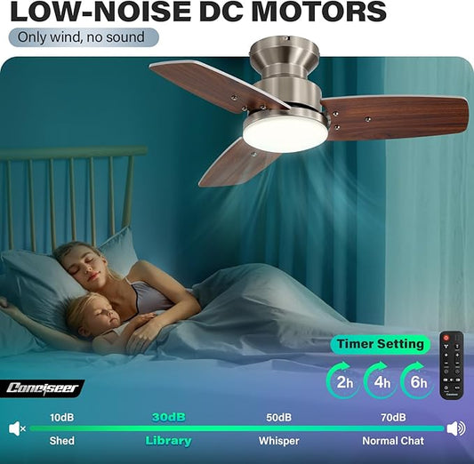 42 Inch Ceiling Fans with Lights and Remote, Bedroom Living Room Office, Flush Mount, 3CCT Dimmable, Dual Color 3 Blades 6 Speed Reversible Quiet DC Motor, Sand-Nickel/Wood Grain