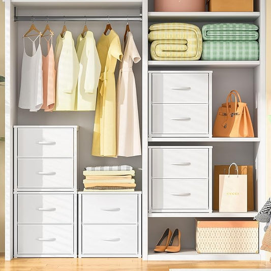 DAOUTIME 2-Pack Stackable Storage Drawers (4 Drawers Total), White Closet Organizer with Wooden Top & Metal Frame, Freestanding or Stackable Dresser for Bedroom, Living Room, Under Bed