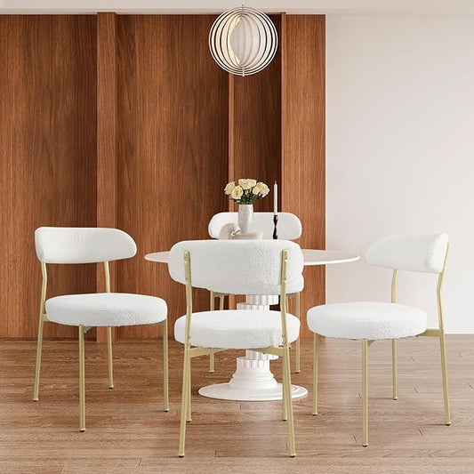 White Boucle Dining Chair Set of 4, Modern Oval Upholstered Dining Chairs with Curved Back and Metal Leg for Dining Room,Restaurant,Kitchen Island(Gold Leg)
