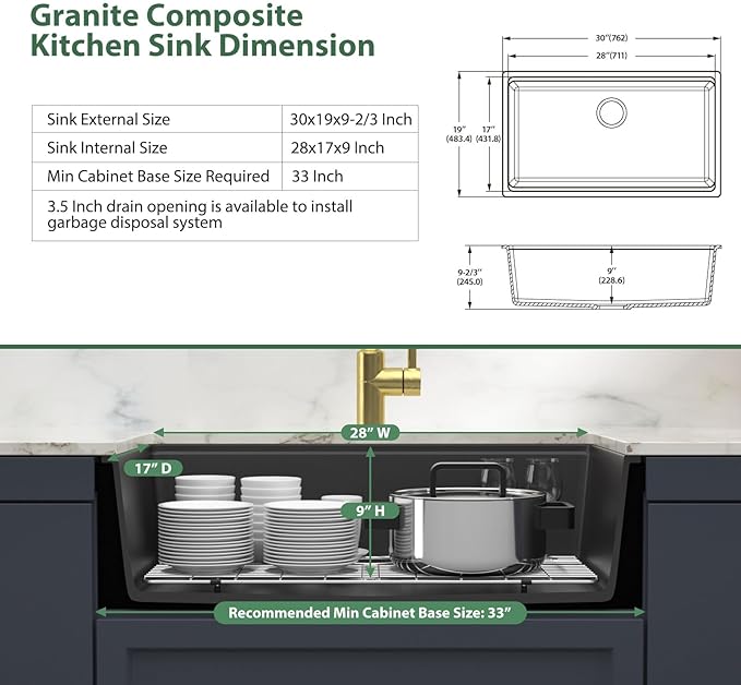 Black Granite Composite Undermount Kitchen Sink Workstation - Couoko 30 Inch Matte Black Quartz Undermount Single Bowl Kitchen Sinks Large Deep Undermount Sinks with Luxury Accessories, 30"x19"x10"