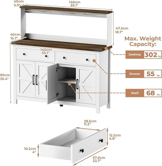VVFLU Hutch Storage Cabinet Buffet with Drawers, and Charging Station, Coffee Bar Cabinet with Barn Doors, Wine Rack and Hooks, Countertop, Long Farmhouse, White, for Kitchen, Dining Room, 54.1" High