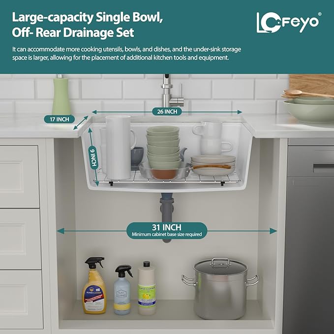 28x19 Inch Undermount Kitchen Sink, White Granite Composite Quartz, Single Bowl Deep Workstation Basin for Soaking Washing Drying Stacking Dishes