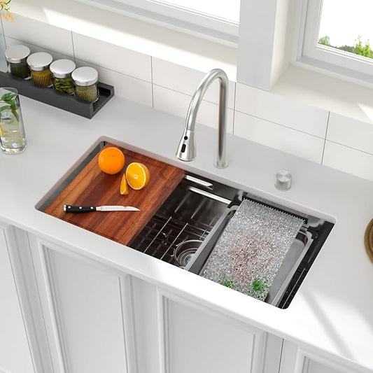 Logmey 33" Undermount Waterfall Sink with Pull-out Faucet & Temperature Control Knob,Nano PVD 33x17 Double Step Workstation Kitchen Sink,16 Gauge All in One Single Bowl Sinks
