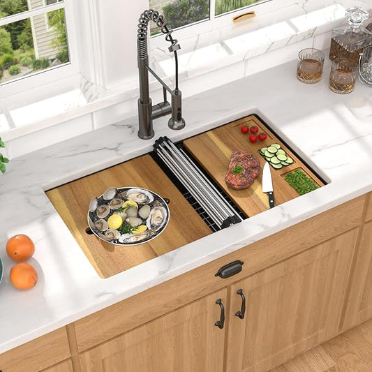 33x19 Black Undermount Kitchen Sink, Granite Composite Single Bowl Workstation All-In One Kitchen Sink, Classic Quartz Composite Sinks with Mixing Bowl, Pasta Strainer #TLGU-125