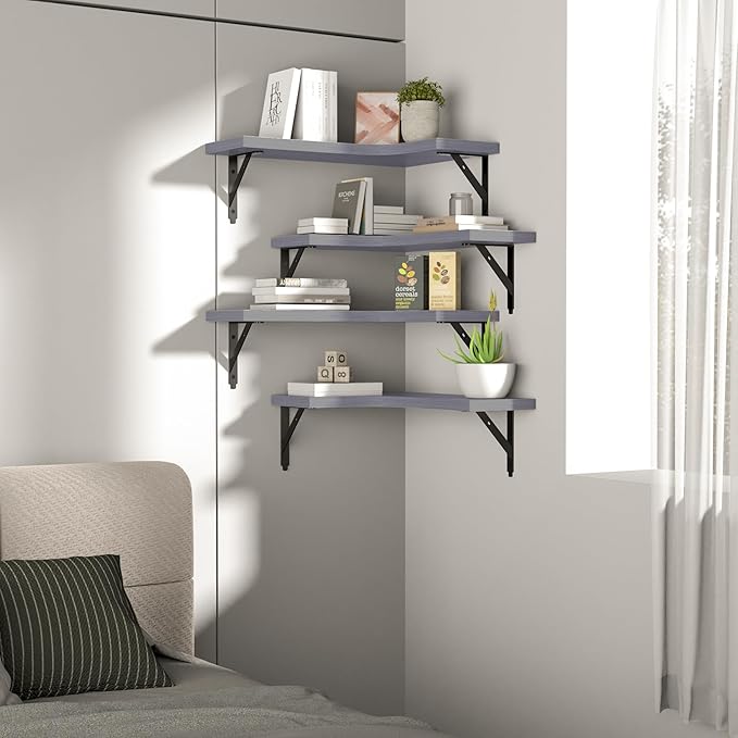 ROMGUAR CRAFT Corner Floating Shelves Wall Mounted Set of 4, Rustic Wood Storage Display Wall Shelves for Home Decor, Bathroom, Kitchen, Bedroom, Living Room, Office (Light Grey)